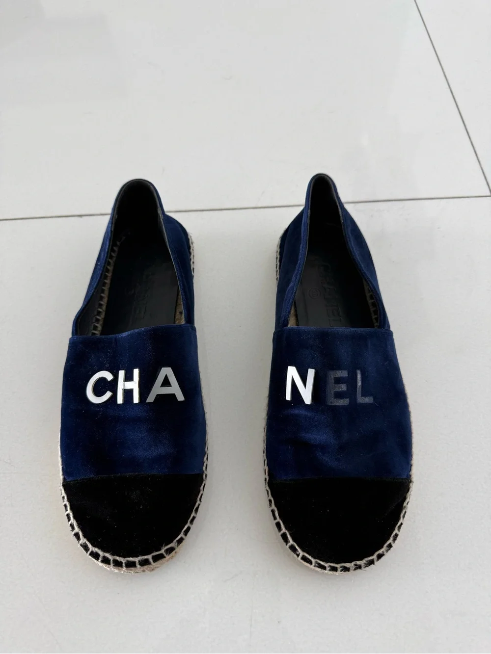 CHANEL Navy Velvet Espadrilles with Black Toe Cap and White Lettering